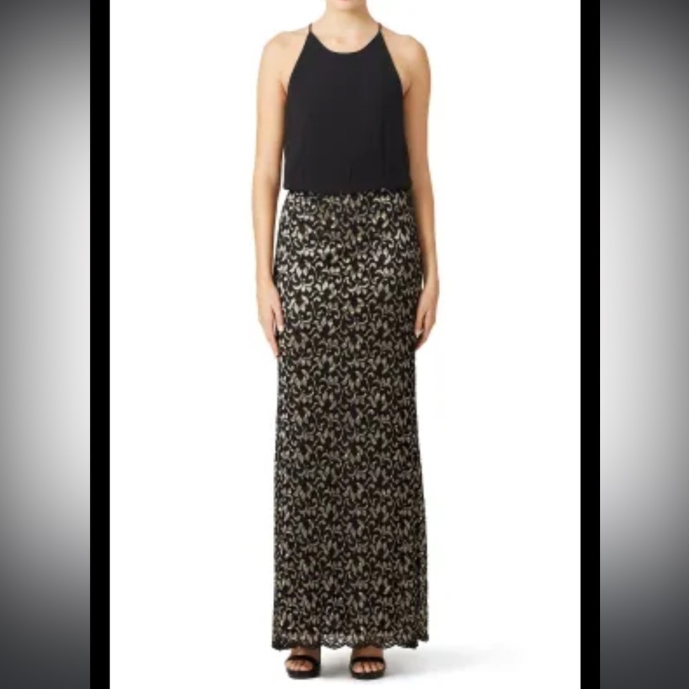 Laundry By Shelli Segal Halter Black & Gold Lace Maxi Formal Gown